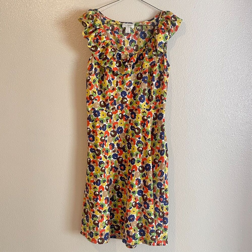 Ann Taylor LOFT Floral Fit & Flare Dress Sz 8 Pullover Ruffle Sleeve Cotton READ